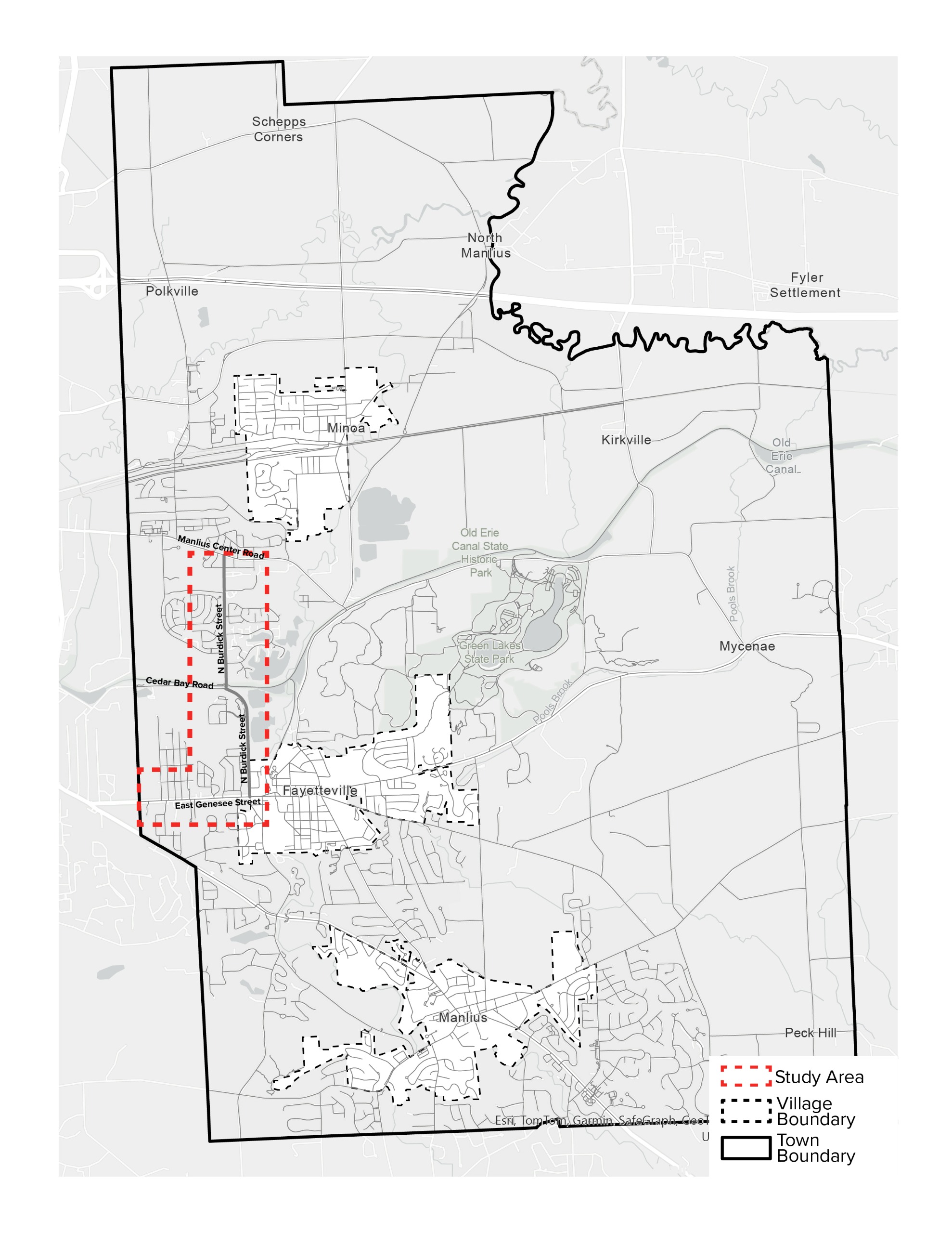 Map of the Town of Manlius with the study area location outlined